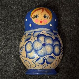 Blue and Glitter Cream Floral Matryoshka Doll Magnet for Kitchen or Office